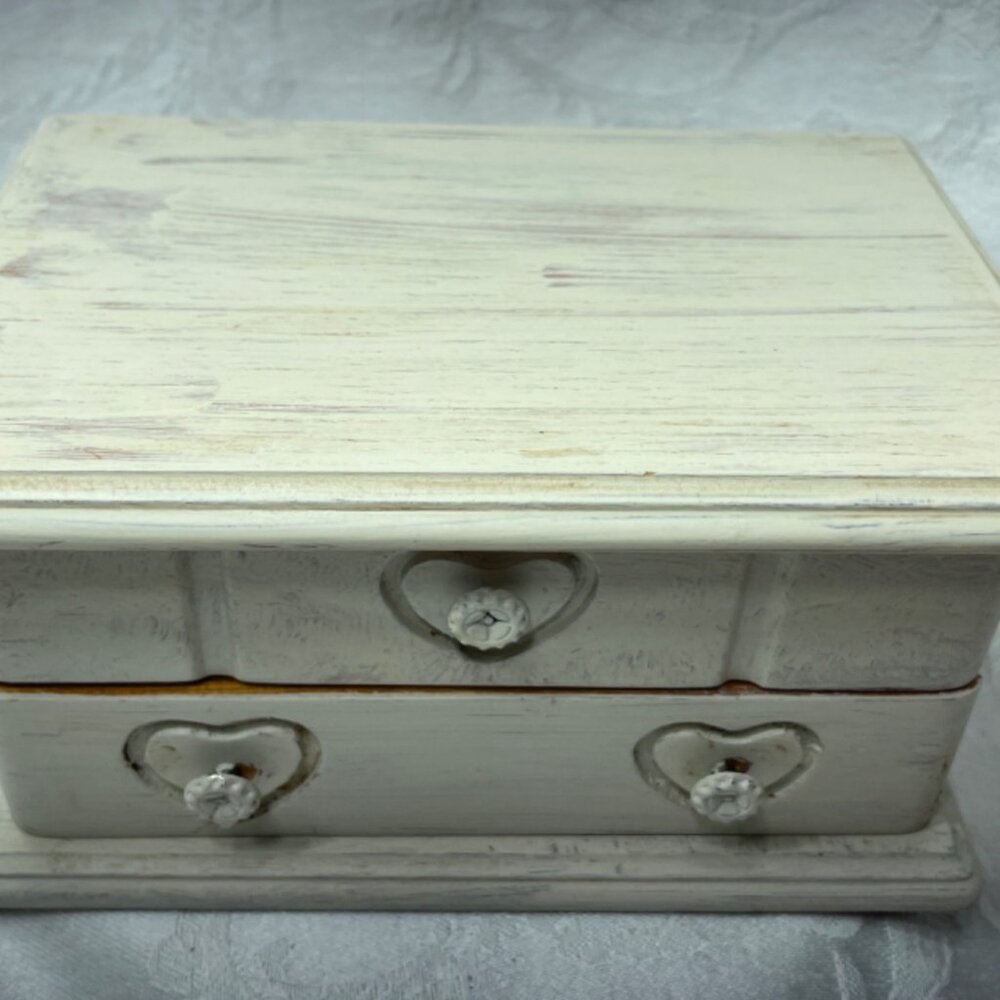 Vintage Refurbished Painted Wooden Jewely Box Green Velvet Interior